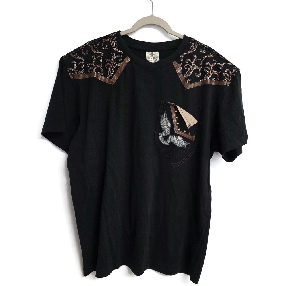 Raw Blue Legacy Mens 2X Black Graphic T-Shirt Embroidered Wings Faux Leather